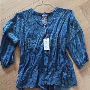 Johnny Was Blue Embroidered Relaxed Blouse